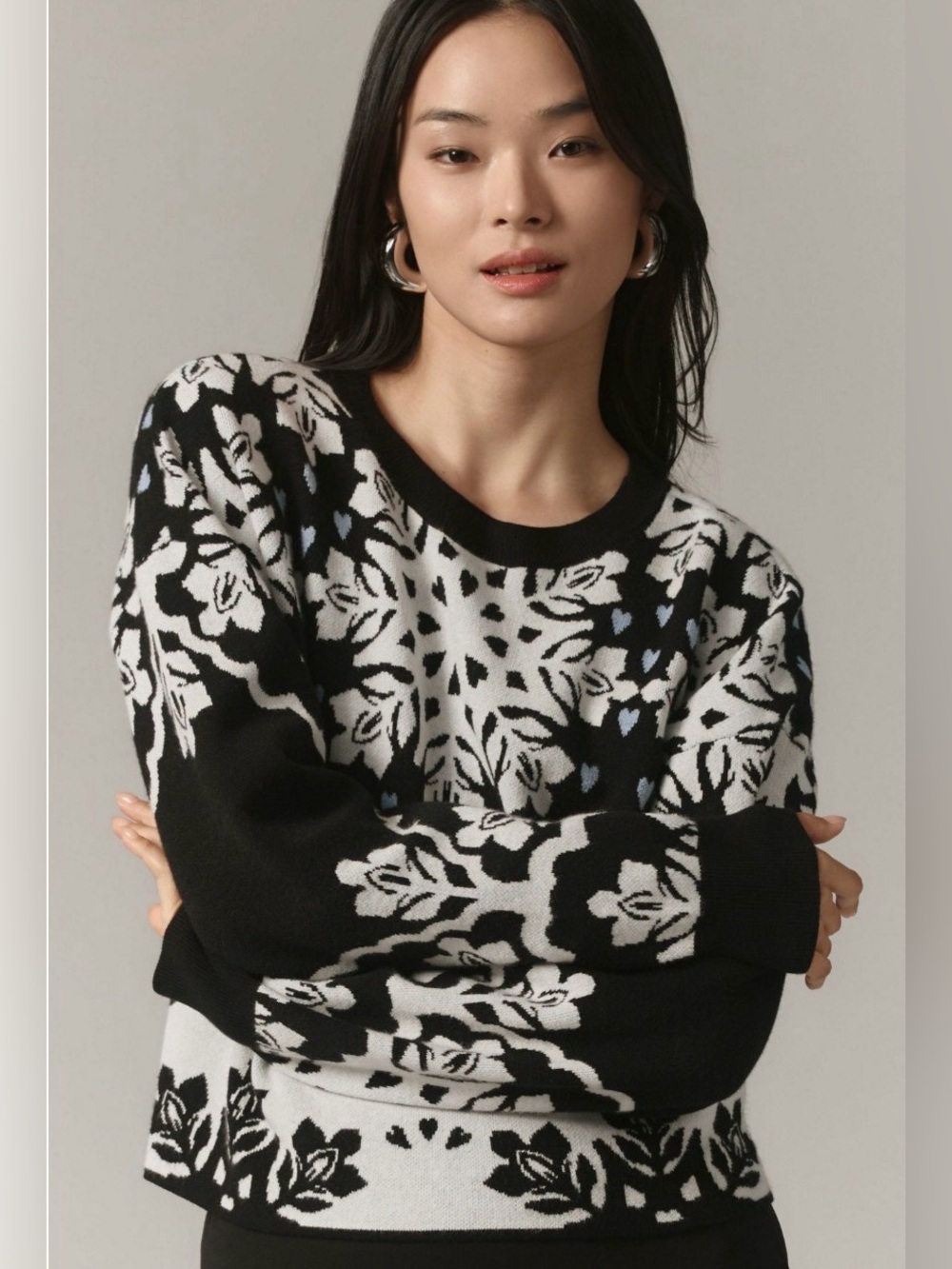 Anthropologie Maeve cropped crewneck snowflake Black & white Floral Knit Sweater
